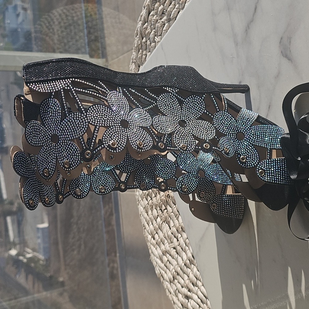 Floral Cutout Crystal Ribbon Lace Up Booties